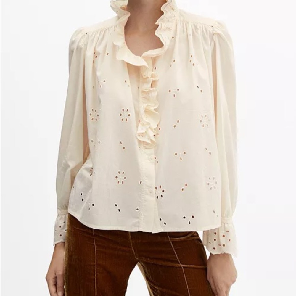 Cream Ruffled Openwork Blouse